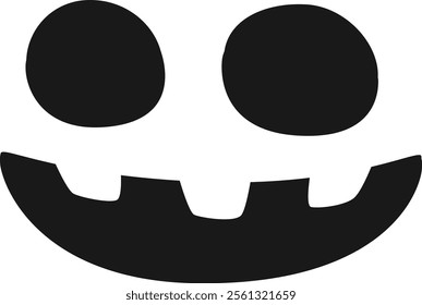 Minimalist black and white vector graphic of a carved pumpkin face, perfect for halloween decorations, featuring large circular eyes and a classic toothy grin