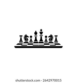 A minimalist, black and white vector graphic shows a chess set with rooks, knights, pawns, queen, and king positioned on a chessboard, ready for a game.