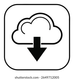 A minimalist black and white vector graphic features a stylized cloud symbol with a thick outline. Inside the cloud, a solid black arrow points downwards, indicating a download action. 