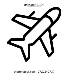 Um gráfico vetorial minimalista, preto e branco representando um avião elegante em uma postura dinâmica de voo.