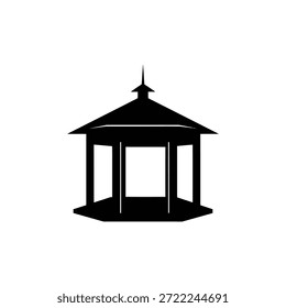 Um gráfico vetorial preto e branco minimalista com a silhueta de um gazebo tradicional. A imagem mostra uma estrutura hexagonal ou octogonal com colunas de suporte, um telhado inclinado e um final proeminente no pico. O design é limpo e simples, apresentado sobre um fundo branco puro, tornando-o adequado para uso como um ícone ou símbolo relacionado a jardins, parques ou arquitetura ao ar livre.