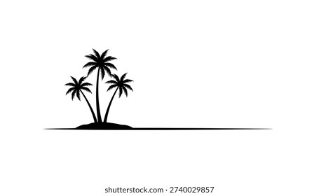A minimalist black and white vector graphic showing the silhouette of three palm trees standing on a tiny, deserted tropical island against a clean white background.