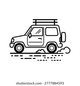 Minimalist black and white vector graphic of an offroad vehicle in motion. Evokes freedom, exploration, and adventure. Ideal for travel blogs, outdoor gear marketing, or adventure tourism promotions.