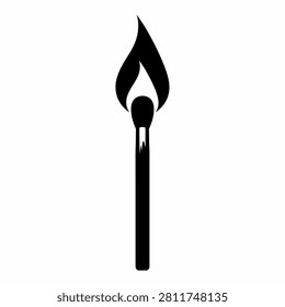 A minimalist black and white vector graphic featuring a single lit matchstick with a flame on top isolated on a white background