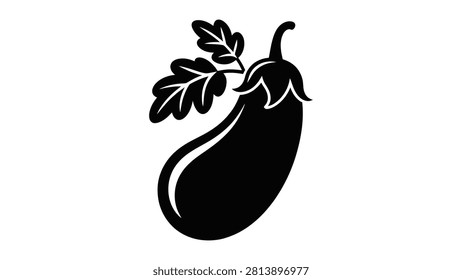 A minimalist black and white vector graphic of a ripe aubergine eggplant designed with clean lines and high contrast. This silhouette icon features a curved stem along with textured leaves set against a plain white background ideal for organic food branding.