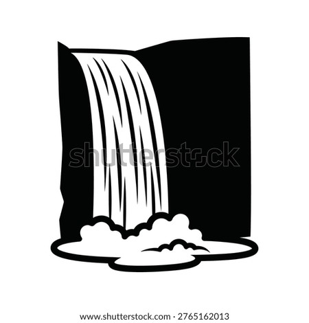 Minimalist black and white vector graphic of a waterfall cascading into a pool with stylized foam. Evokes themes of nature, power, and flow. Ideal for environmental sites, adventure branding, or graphic design elements.