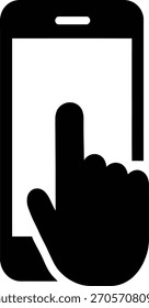Minimalist black and white vector of a hand tapping a smartphone screen, illustrating digital interaction and mobile app usage for modern technology design