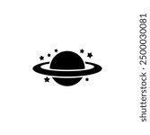 Minimalist black and white vector icon of planet Saturn with stars.