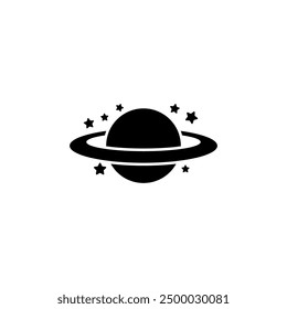 Minimalist black and white vector icon of planet Saturn with stars.