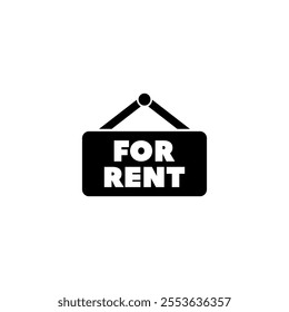 Minimalist black and white vector icon of a For Rent sign for real estate listings.