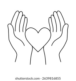 Minimalist black and white vector icon of hands holding a heart. Perfect for logo, template, branding, web design, apps, prints, packaging. Symbol of care, love, support, charity, and health.