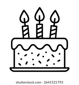 Minimalist black and white vector icon of a birthday cake with three candles and sprinkles. Perfect for greeting cards, party invitations, web use, stickers, and print design in modern style.