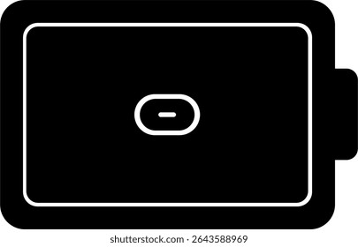 Minimalist black and white vector icon of a full battery with a link icon inside. Representation of power sharing and charging features. Ideal for mobile app UI, electronic devices, linked and sharing