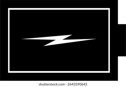 Minimalist black and white vector icon of a full battery with a lightning bolt symbol. Representation of the charging feature. Ideal for mobile app UI, electronic devices, charge and warning interface