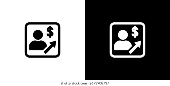 "Minimalistisches schwarz-weißes Vektorsymbol mit einer Personensilhouette, einem Dollarzeichen und einem Aufwärtspfeil, der Geschäftserfolg, Finanzwachstum und Karriereentwicklung symbolisiert. 