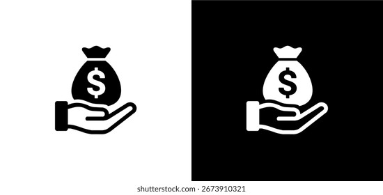 "Ícone vetor preto e branco minimalista de uma mão segurando um coração, representando amor, cuidado, compaixão, bondade, caridade, doação e apoio. 