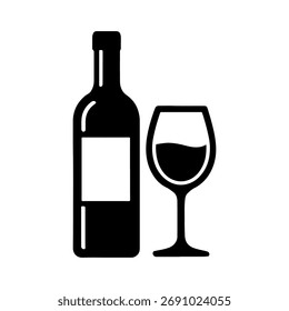 Icono minimalista de Vector blanco y negro de una botella de vino y una copa. Diseño limpio y elegante que representa el vino, la bebida y la celebración. Perfecto para el restaurante, bar o diseño de logotipo.