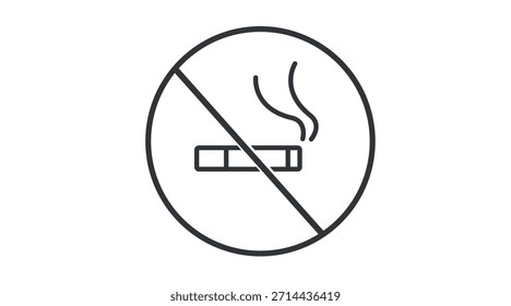 Ícone vetor minimalista preto e branco de um cigarro riscado com uma linha em negrito. Perfeito para campanhas de saúde, cartazes anti-tabagismo, sinalização pública, apresentações médicas e materiais de conscientização. 