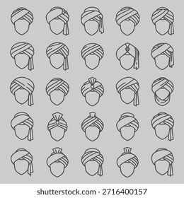 Un conjunto minimalista de íconos de Vector en blanco y negro con diseños tradicionales de tocado turbante. Limpie el estilo de arte lineal con un grosor de trazo constante, un aspecto de contorno plano y sin Gradientes ni sombreado. Ideal para proyectos culturales, branding, iconos, logotipos, materiales educativos y uso impreso o digital. Aislado sobre fondo blanco.
