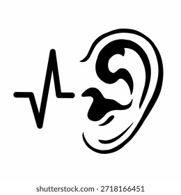 Icono de Vector minimalista en blanco y negro de un oído humano con una señal de onda de audio. Una representación gráfica limpia de los conceptos de audición, percepción del sonido, escucha y audiología médica