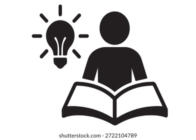 Um ícone de vetor preto e branco minimalista representando o Aprendizado Criativo. O design apresenta uma pessoa estilizada lendo um livro aberto, acompanhado por uma lâmpada brilhante simbolizando inspiração, ideias,