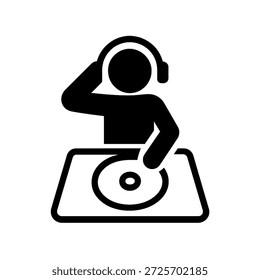 Icono minimalista de Vector en blanco y negro que muestra a un DJ con auriculares y tocando un tocadiscos. Ideal para producción de música, entretenimiento, folletos de fiesta y aplicaciones relacionadas con el audio.