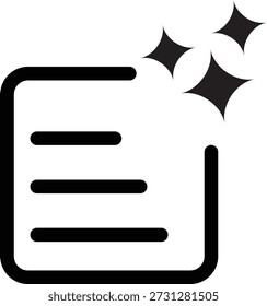 Um ícone de vetor preto e branco minimalista que representa um documento ou arquivo limpo, com estrelas cintilantes indicando novidade ou limpeza. Perfeito para apresentações e interfaces digitais.