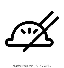 Un ícono minimalista de Vector en blanco y negro que representa una masa de masa china con palillos cruzados. El diseño presenta una forma de bola de masa semicircular con tres líneas decorativas en la parte superior, descansando sobre una base en forma de nube. Dos palillos perforan toda la composición en una formación X. El estilo de arte de línea limpia lo hace adecuado para menús de restaurantes, App de alimentos, diseños culinarios y la marca de cocina asiática.