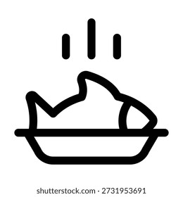 A minimalist black and white vector icon showing a roasted fish inside a container with three steam lines rising from it. The fish is depicted with a simple oval shape and detailed lines suggesting a cooked texture. The container has a slightly curved form, and the steam lines indicate heat and freshness. This icon is ideal for seafood restaurant menus, food delivery apps, culinary designs, and healthy meal branding. The clean line art style ensures versatility across various media.