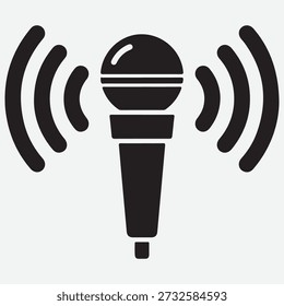 Icono de Vector blanco y negro minimalista de un micrófono clásico que emite ondas de sonido, que representa podcasting, canto,
