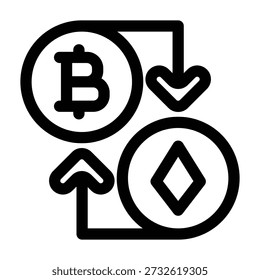 A minimalist black and white vector icon illustrating the concept of cryptocurrency exchange or trading. The design features two circular symbols connected by bidirectional arrows. The upper circle contains a Bitcoin "B" symbol, while the lower circle features a diamond shape, representing the swap or conversion between digital assets. The clean lines and high-contrast style make it suitable for financial apps, websites, and educational materials.