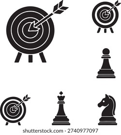 A minimalist black and white vector icon set representing business strategy, planning, and success. The collection features a target board with an arrow hitting the bullseye (symbolizing goal achievement and focus) along with chess pieces including the King, Knight, and Pawn (symbolizing tactical planning, leadership, and smart moves). Ideal for business presentations, corporate branding, and marketing graphics.