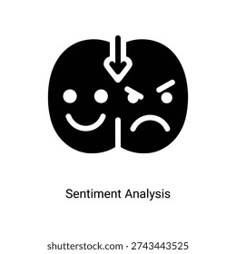 Minimalist black and white vector icon illustrating sentiment analysis with contrasting happy and sad facial expressions for data and emotion studies.
