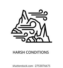 Minimalist black and white vector icon depicting survival in harsh mountain conditions, ideal for adventure and resilience themes.