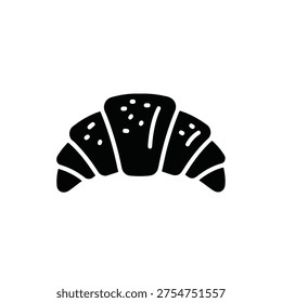 A minimalist black and white vector icon illustration featuring a delicious flaky french croissant isolated on white background, Vector, illustration