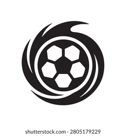 A minimalist black and white vector icon featuring a soccer ball surrounded by a stylized swirling motion effect representing speed and energy.