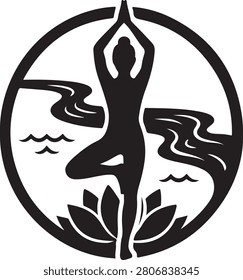 A minimalist black and white vector icon featuring a woman practicing yoga in a tree pose, surrounded by a lotus flower, a flowing river, and a circle.