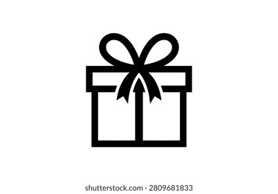 A minimalist black and white vector icon of a gift box with a ribbon tied in a bow.