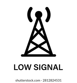 Minimalist black and white vector icon showing a cell tower with low signal indicator for mobile notifications or apps.