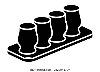 A minimalist black and white vector icon depicting a beer flight with four small tasting glasses placed on a rectangular serving board which is perfect for brewery menus or bar related design projects