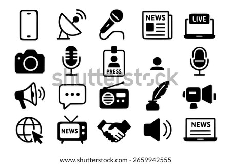 Minimalist black and white vector icon set representing media, journalism, and communication tools such as microphones, satellite dishes, news articles, laptops with LIVE broadcast labels, cameras