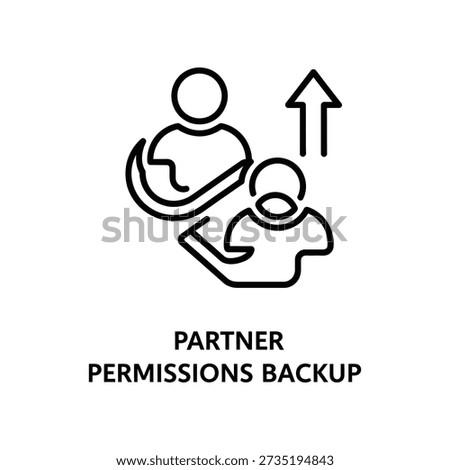 Minimalist black and white vector icon depicting two hands holding a key and upward arrow for partner permissions backup, ideal for business and tech presentations.