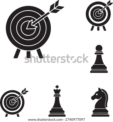 A minimalist black and white vector icon set representing business strategy, planning, and success. The collection features a target board with an arrow hitting the bullseye (symbolizing goal achievement and focus) along with chess pieces including the King, Knight, and Pawn (symbolizing tactical planning, leadership, and smart moves). Ideal for business presentations, corporate branding, and marketing graphics.