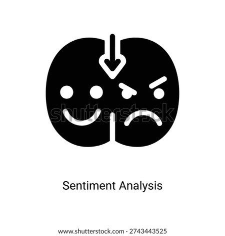 Minimalist black and white vector icon illustrating sentiment analysis with contrasting happy and sad facial expressions for data and emotion studies.