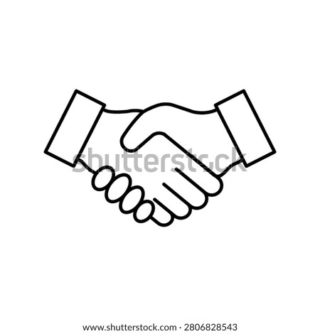A minimalist black and white vector icon detailing two hands coming together in a firm, collaborative handshake. This clean line art graphic represents concepts such as business agreements, strategic corporate partnerships, successful contract signings, mutual trust, customer relations onboarding, and diplomatic team cooperation.