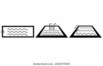 Minimalist black and white vector icons of swimming pools in top, side, and front views. Ideal for tourism, summer, architecture, and water-related designs.