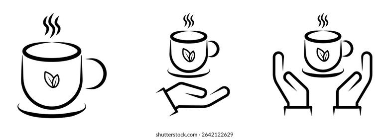 Minimalist black and white vector icons of a steaming hot tea cup, with and without hands, representing tea, relaxation, and service.
