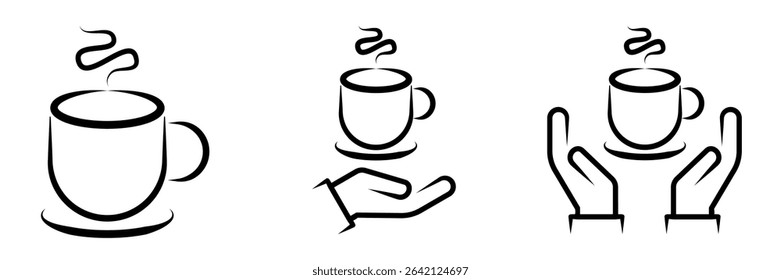 Minimalist black and white vector icons of a steaming hot coffee cup, with and without hands, representing coffee, breaks, and service. vector illustration.