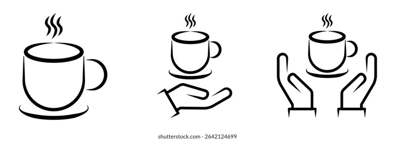 Minimalist black and white vector icons of a steaming hot coffee cup, with and without hands, representing coffee, breaks, and service. 