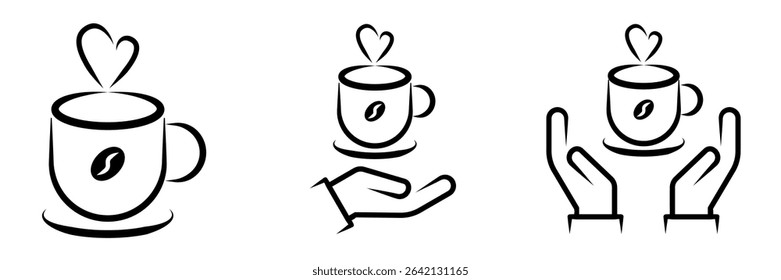 Minimalist black and white vector icons of a steaming hot coffee cup with a coffee bean emblem, with and without hands, representing coffee, breaks, and service.